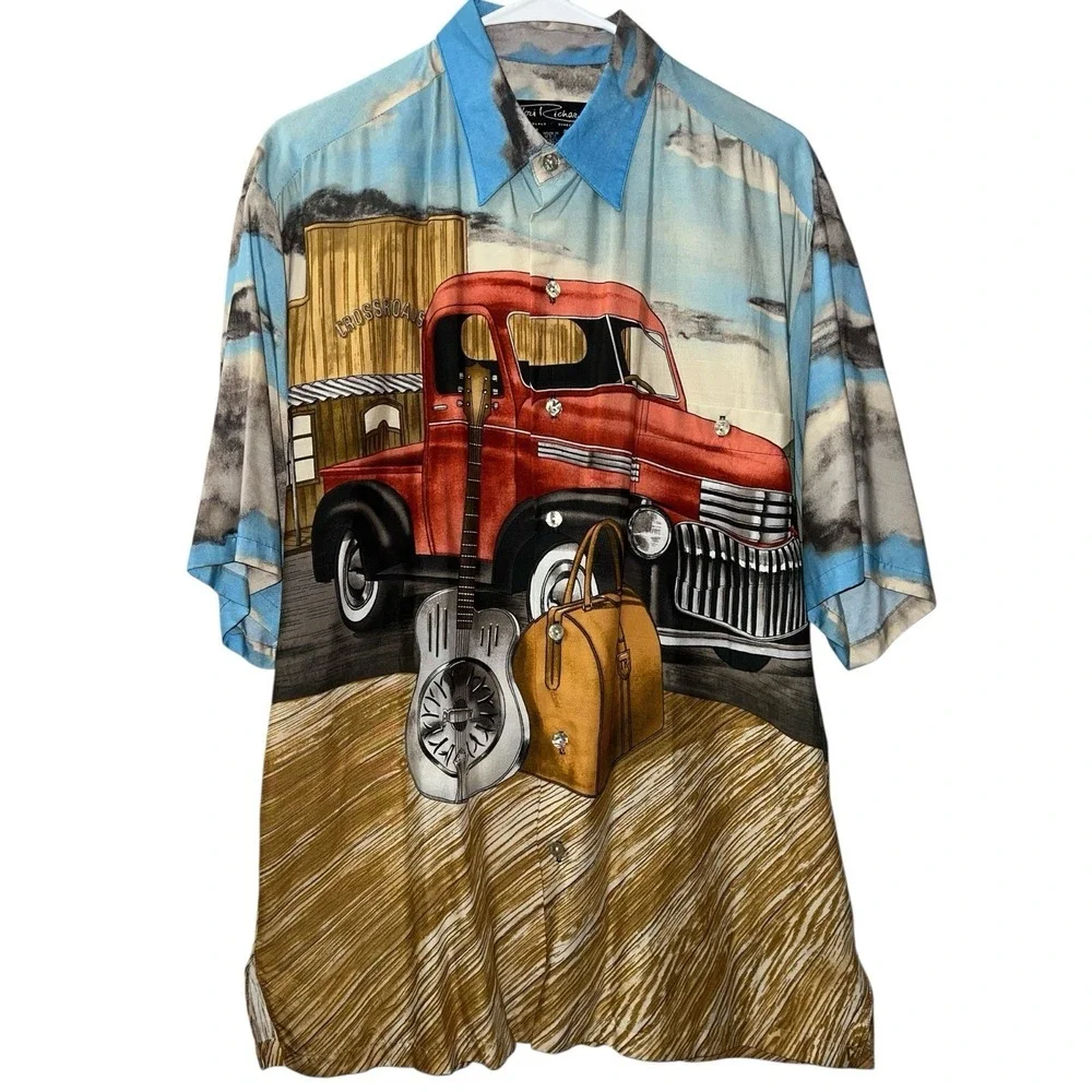 Tori Richard Mens Crossroads Red Truck Guitar‎ Rare Button Down Shirt Blue M